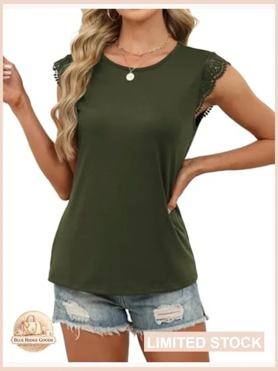 Sleeveless Lace Trim Flutter Ruffle Cap Sleeve Blouse Elegant Chic Summer Casual - Picture 3 of 7